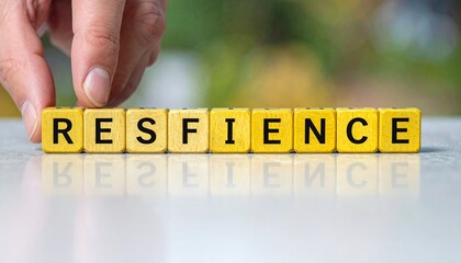 Yellow tiles spelling “RESILENC” on wood with mountain lake sunset in background, evoking resilience and nature.