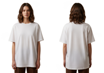 Woman wearing a white t shirt front and back isolated on transparent background