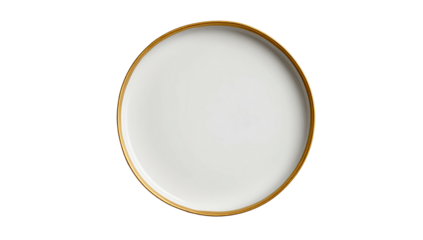 Simple white plate with a thin, golden rim on a black background