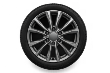 Car wheel, modern alloy rim and black tire, automotive vehicle part, isolated on transparent background for design
