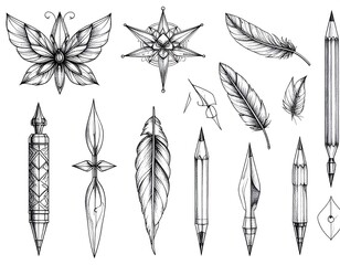 A monochrome illustration of various writing tools, feathers, and a starburst/butterfly design, all intricately detailed with pen-like lines