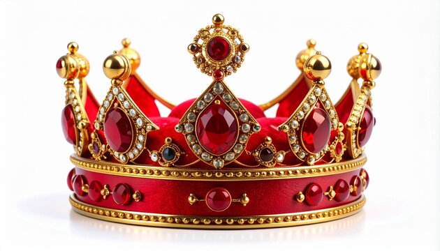 Ornate gold crown with red and green gemstones on dark background, symbolizing royalty and opulence.