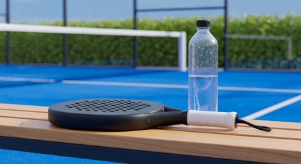 Padel racket and water bottle on bench at blue court, sports lifestyle