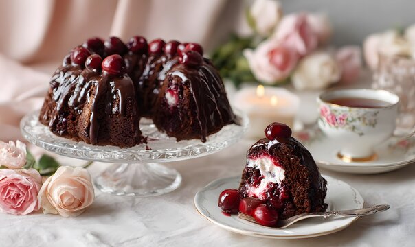 whole rich dark chocolate bundt cake with glossy chocolate amaretto glaze, topped with juicy black cherries and small chocolate pieces or chocolate shavings nestled between cherries, placed on a cryst