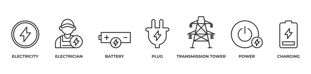 BrightPower Systems Icons set vector illustration outline with Electricity , Electrician, Battery, Plug, Transmission tower, Power, Charging