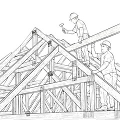 Obraz premium Construction workers meticulously assemble a wooden roof frame, demonstrating teamwork and precision in building a structure for housing.