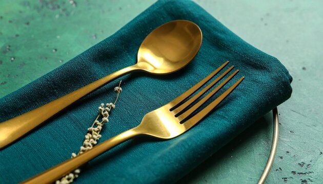 Gold cutlery set on teal napkin over dark textured surface, styled for elegant dining presentation.