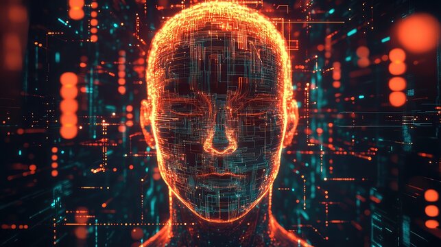 Artificial intelligence face with glowing circuits and data lines - Powered by Adobe