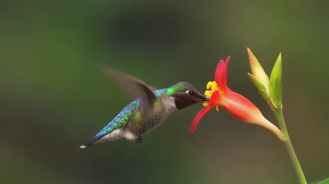 A hummingbird drinks nectar from a vibrant red flower.