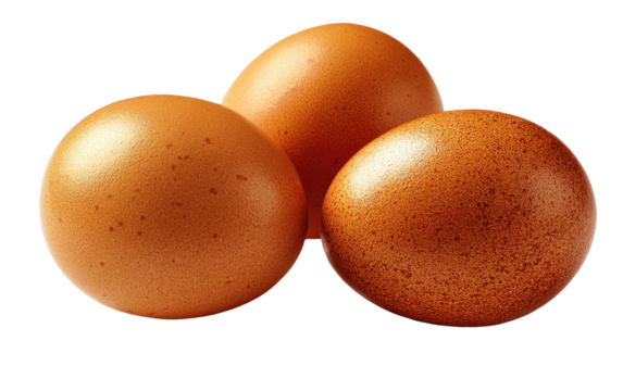 Three whole brown eggs with speckles against a black background