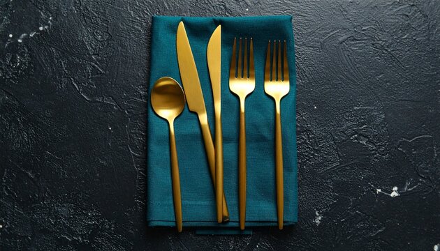 Gold cutlery set on teal napkin over dark textured surface, styled for elegant dining presentation. - Powered by Adobe