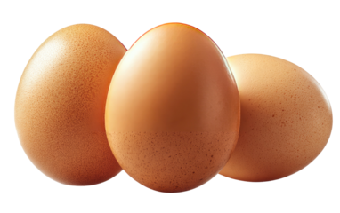 Three brown, speckled, farm-fresh eggs arranged closely together