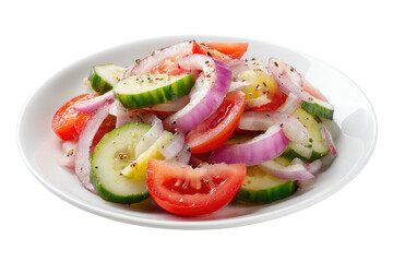 Freshly prepared salad with sliced tomatoes, cucumbers, and red onions