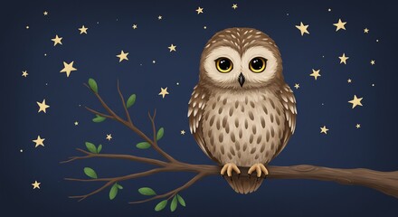 Adorable big-eyed owl perched on a branch under a sparkling starry night sky a whimsical nighttime scene. AI Generated