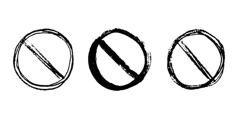 Set of hand drawn prohibition sign No entry symbol Black circle with cross line clipart in doodle style Ban Restriction Forbidden stop Single element for print, web, design