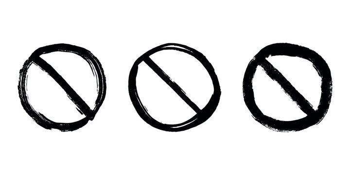 Set of hand drawn prohibition sign No entry symbol Black circle with cross line clipart in doodle style Ban Restriction Forbidden stop Single element for print, web, design