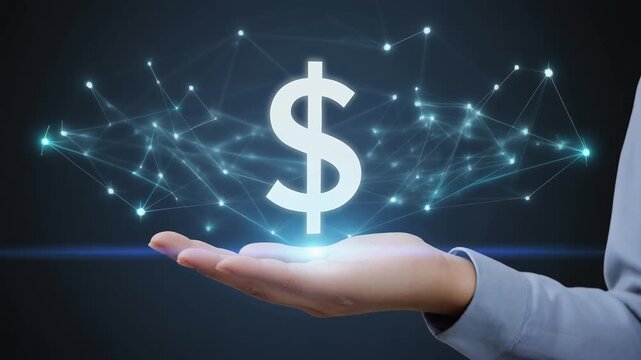 手のひらに浮かぶドルアイコンが象徴する未来の金融テクノロジー