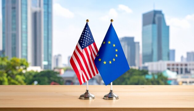 US and EU table flags on wooden surface with urban backdrop, symbolizing diplomacy and cooperation.