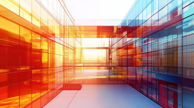 Modern glass building reflecting vibrant sunset colors