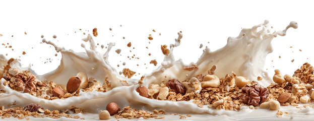 Splash of milk with granola and assorted nuts against black
