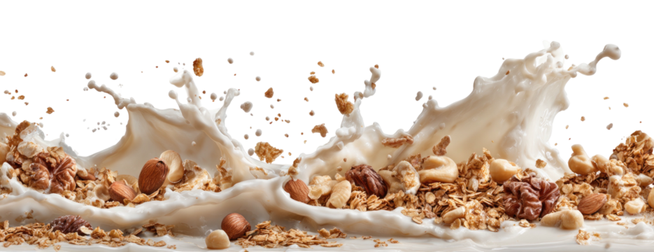 Splash of milk with granola and assorted nuts against black