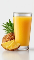 A glass of fresh pineapple juice with whole fruit and slices. Healthy tropical beverage isolated on a white background. Summer refreshment concept