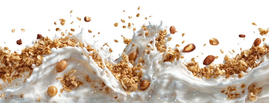 Granola and nuts splash into milk waves, creating dynamic texture