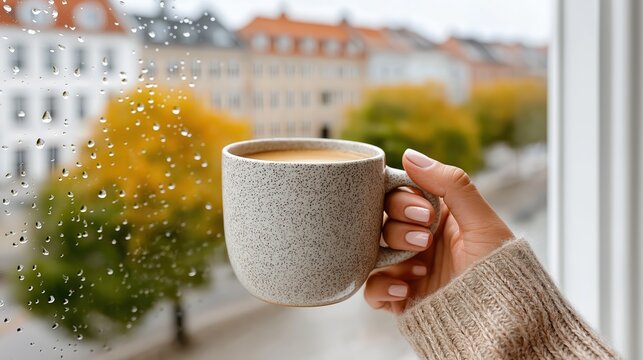 Woman's hand holding a coffee mug by a window with raindrops. Cozy autumn scene with a view of a city street. Hygge lifestyle concept - Powered by Adobe