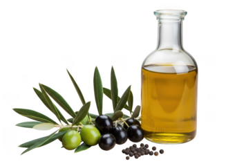 Glass bottle of olive oil with olives and leaves isolated on transparent background