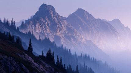 Beautiful foggy mountain range purple color tone