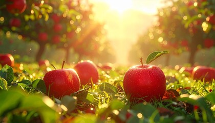 Ripe red apple hanging from tree branch in sunlit orchard with blurred rows of trees in background.