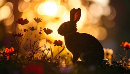 Artistic rabbit surrounded by vibrant flowers and foliage in a symmetrical botanical composition.