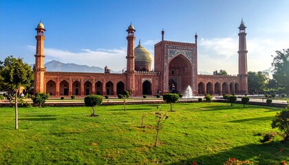 Ornate red sandstone mosque with domes and minarets, set against clear sky and mountain backdrop.