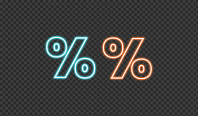 Two neon percentage signs in purple and orange on transparent background