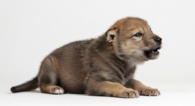 Sweet little wolf pup howling excitedly on a clean white surface with beautiful soft studio lighting. AI Generated