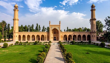 Ornate red sandstone mosque with domes and minarets, set against clear sky and mountain backdrop.