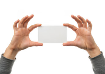 Hands holding a blank white card isolated on transparent background