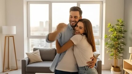 Joyful Couple Celebrates New Home with Keys in Bright Modern Apartment.