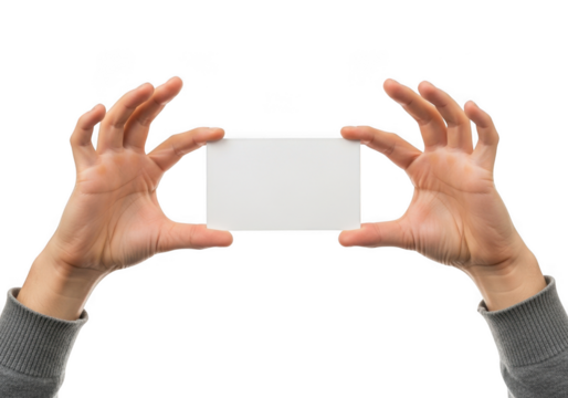 Hands holding a blank white card isolated on transparent background