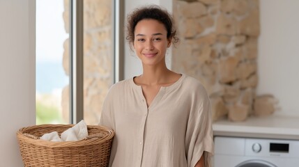 Smiling young woman holding a wicker basket of laundry at home. Portrait of a person doing household chores in a bright laundry room. Domestic life and housekeeping concept