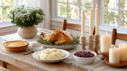 A traditional Thanksgiving dinner with roasted turkey on a rustic wooden table. Holiday feast with pumpkin pie, mashed potatoes, and cranberry sauce. Festive autumn celebration meal