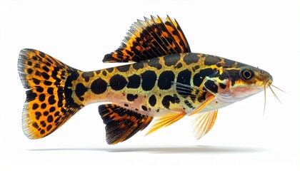 Vibrant spotted catfish with golden-yellow body and black markings on white background.