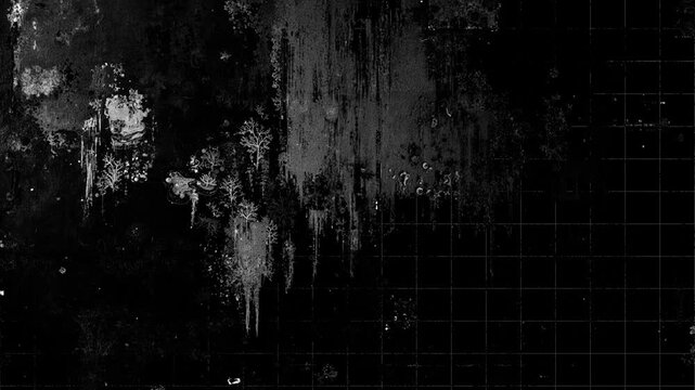 Black Dark Weathered vintage aged old grunge cracked peeled wall paint texture with moving grid loop in stop motion background animation