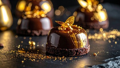 Glossy chocolate-glazed dessert with gold leaf on slate board, surrounded by cocoa and golden sprinkles.