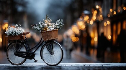 A charming winter scene featuring a bicycle adorned with festive holiday greenery, including pine and ornamental decorations, set against a softly illuminated background  - Powered by Adobe