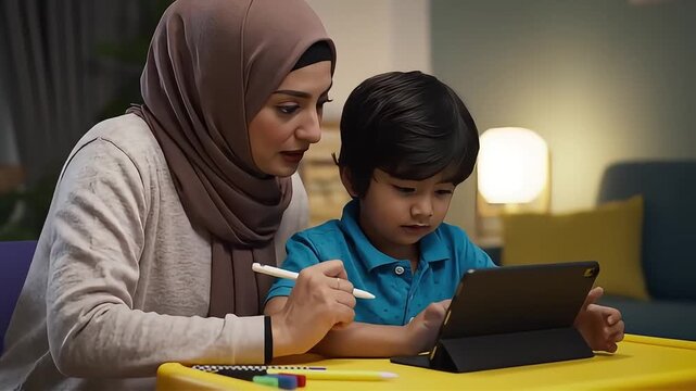 Muslim mother helping child with tablet drawing with stylus on digital screen at home fostering learning and development family education concept.