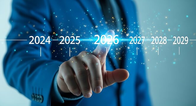 Businessman pointing at a digital timeline of future years and projections