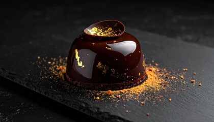 Glossy chocolate-glazed dessert with gold leaf on slate board, surrounded by cocoa and golden sprinkles.