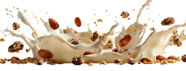Cereal and almonds splashing in creamy white liquid