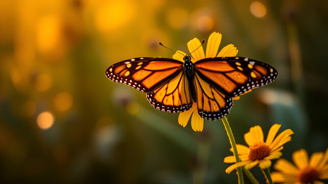 Monarch butterfly resting on a dew kissed yellow flower during golden hour
